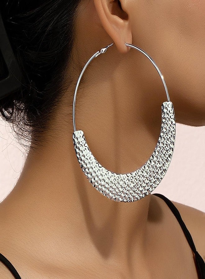MarveBard Chunky Gold Hoop Earrings for Women Trendy Chunky Hoops Earrings Vintage Bohemia Textured Statement Earrings Lightweight Hypoallergenic Large Big Circle Hoop Earrings Wedding Ball Party Jewelry (Silver) - Image 2